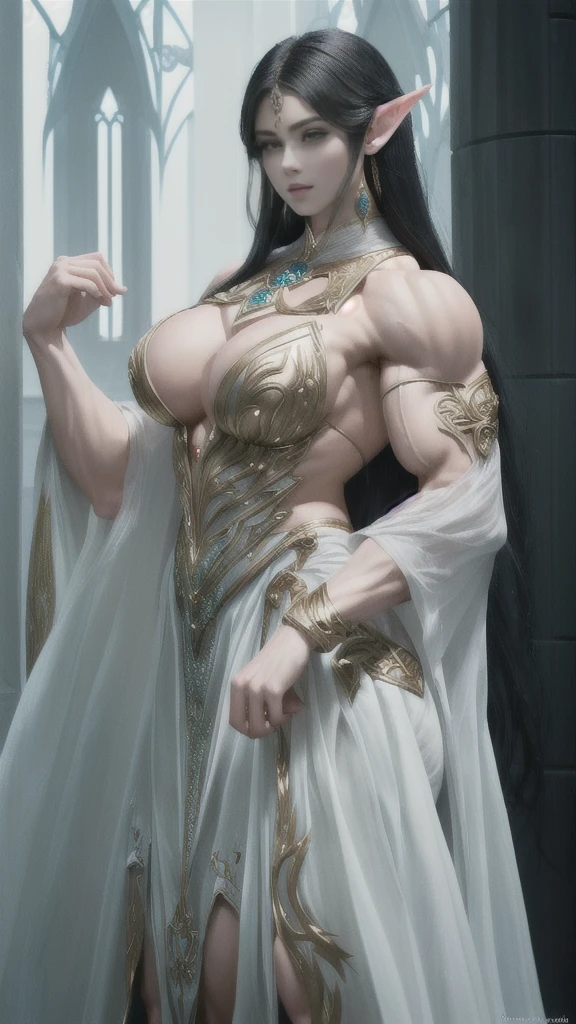 stunningly sensual elfess, large well-trained muscles, very impressive hypermuscular physique, magical and mysterious, bulging feminine proportions, perfect and flawless muscular sensual body, vascular massive biceps, deep black hair, pale chaik white skin, female elf wizard in fantasy setting