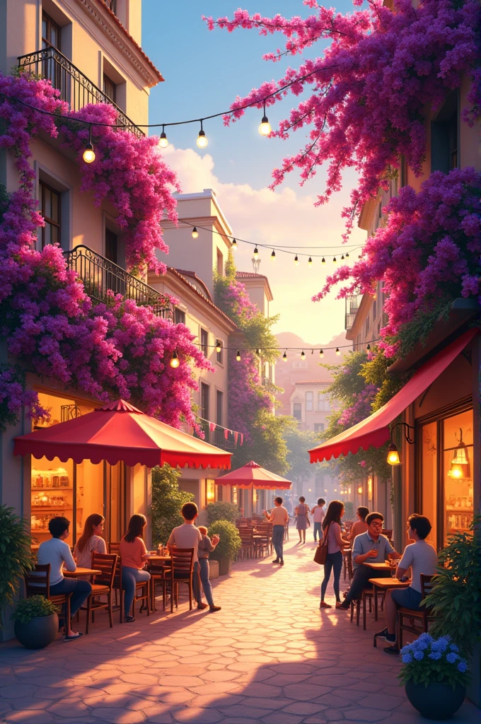 Animated bougainvillea Street with an evening breeze , a Street cafe