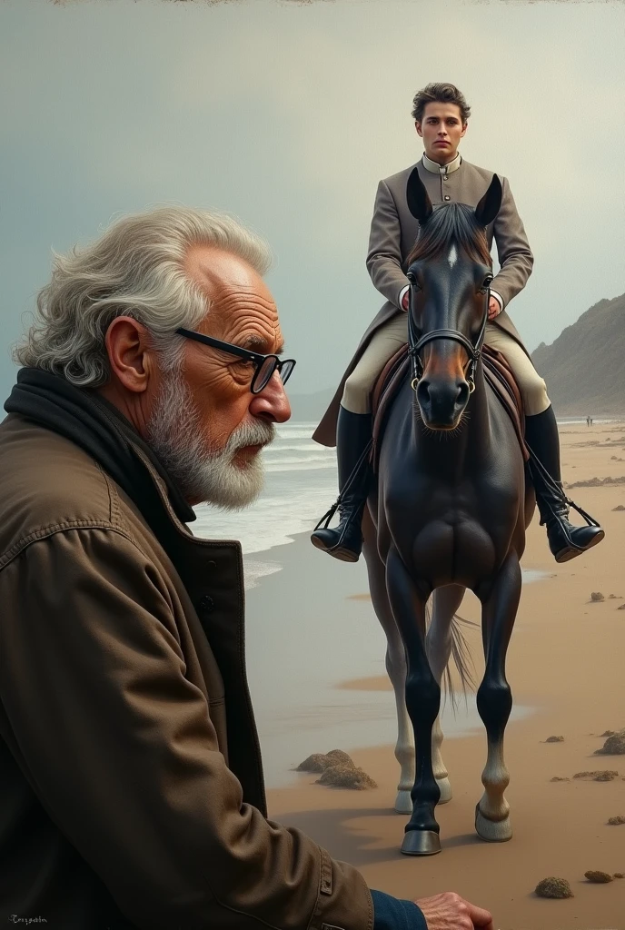 "Romanticism and realism on one canvas. An old painter, with cinnamon skin and a tired look behind his glasses, captures on a blurred canvas the memories of a lost youth. With soft brushstrokes and a subdued palette, portrays a young equestrian on a lonely beach. By contrast, the young man in the painting, strong and vital, radiates youth and energy. Riding a black steed in the Scottish lands, She dresses elegantly and looks at the painter with gratitude.. his eyes, full of life, They seem to thank the old man for having immortalized their splendor.. The Old Man, with his art, explores the dichotomy between nostalgia for the past and the ephemeral beauty of youth, painting what could have been.