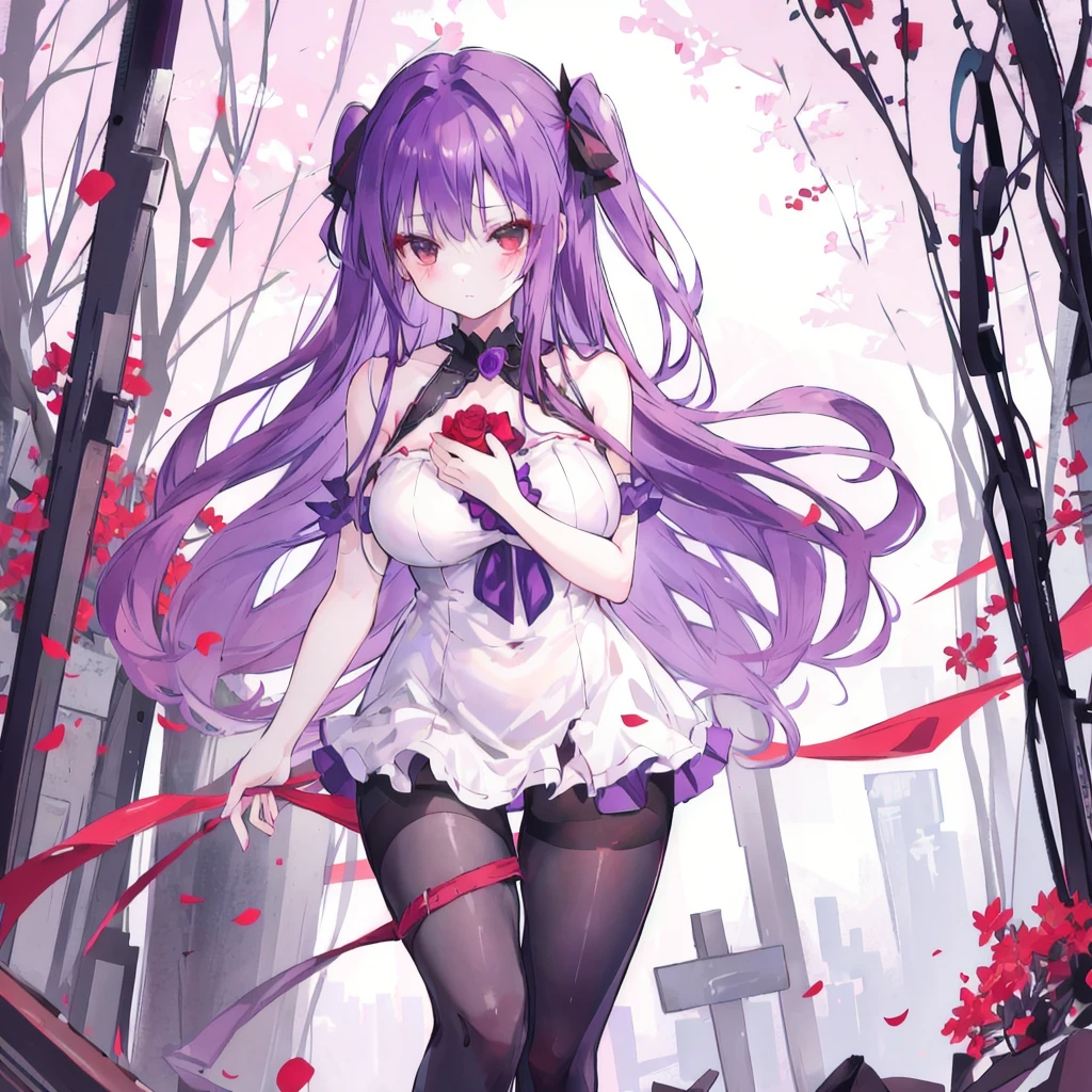 Bare shoulders,Plump breasts,tights,Holding the broken red rose in hand,long purple hair