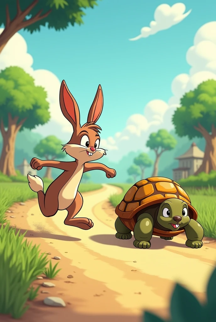 Create animated cartoon cute The Race Begins
The race started. The Hare zoomed ahead, leaving the Tortoise far behind. The Tortoise moved slowly, step by step, but he didn’t stop.