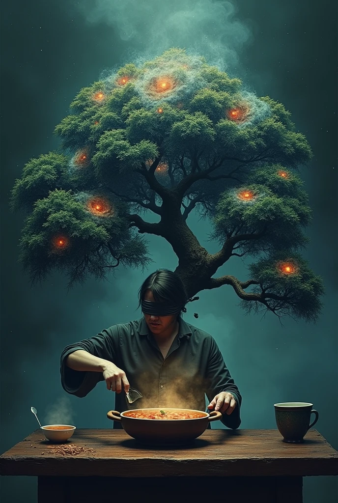 a bonsai with galactic leaves, Horror aesthetic with a human hand cooking a soup while blindfolded