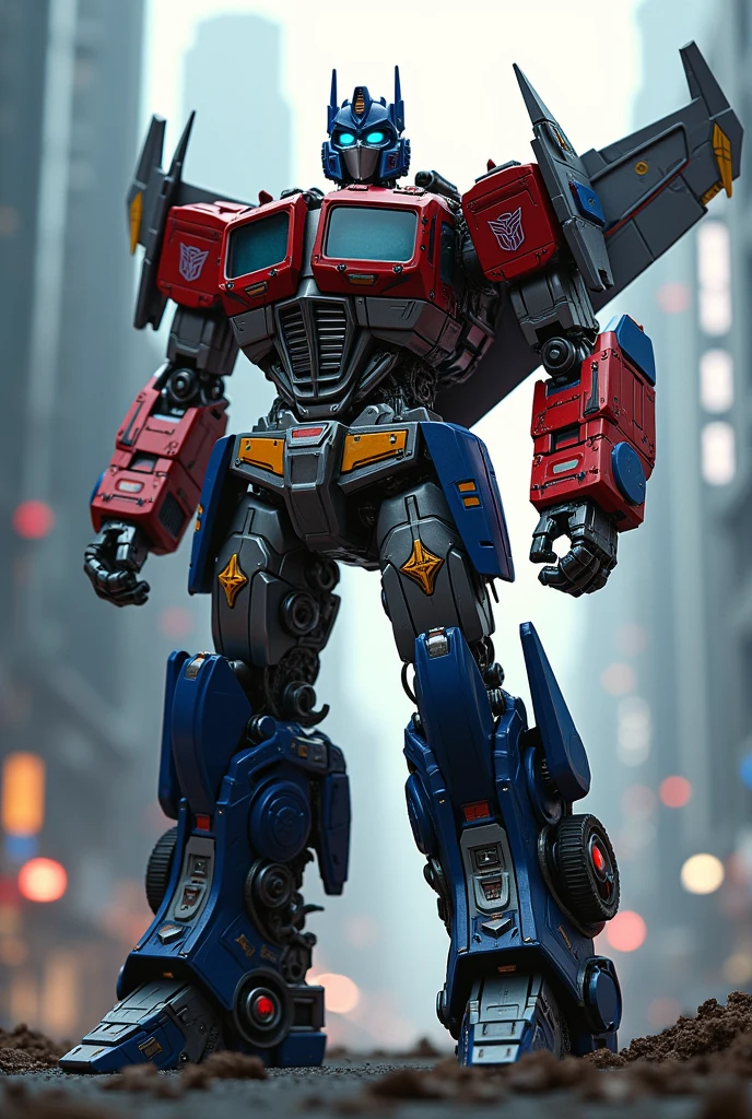 optimus prime, jet wings, transformers, mecha, cyborg, science fiction, futuristic, highly detailed, intricate machinery, glowing energy, metallic surfaces, dramatic lighting, cinematic composition, striking poses, epic scale, (best quality,4k,8k,highres,masterpiece:1.2),ultra-detailed,(realistic,photorealistic,photo-realistic:1.37)