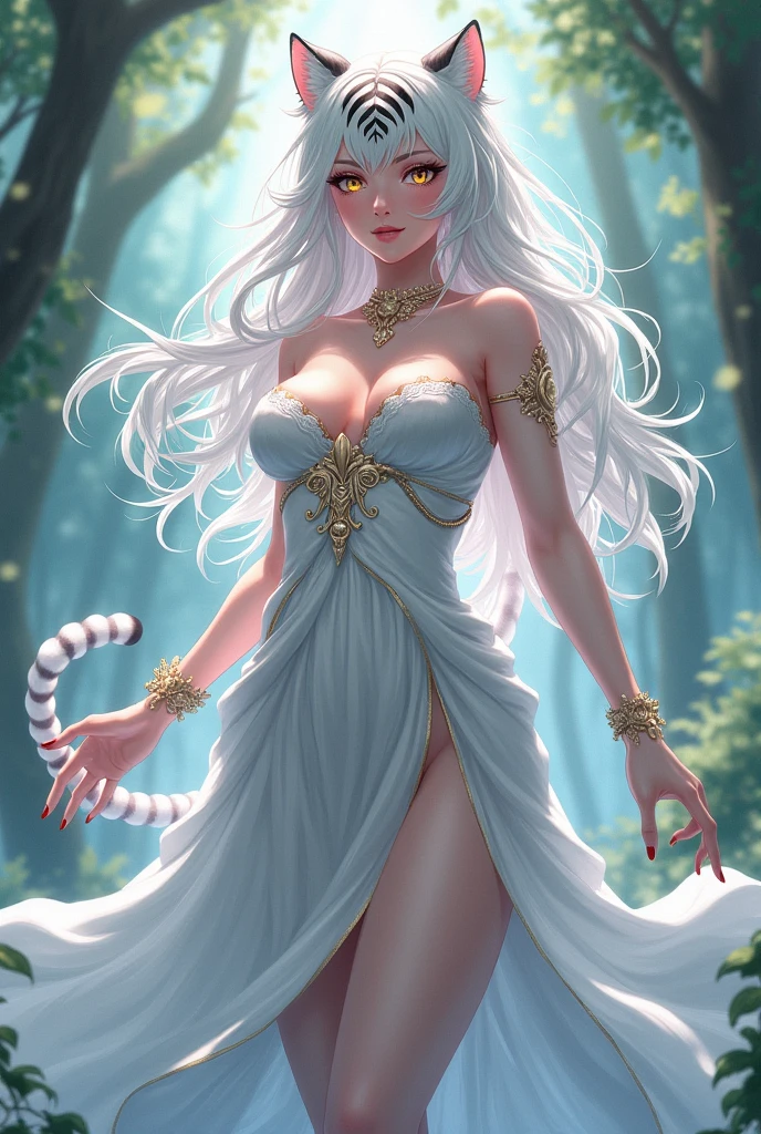 Anime girl with big breasts, wearing a goddess dress, and she's a goddess, half human half white tiger, white hair with black stripes, golden eyes.