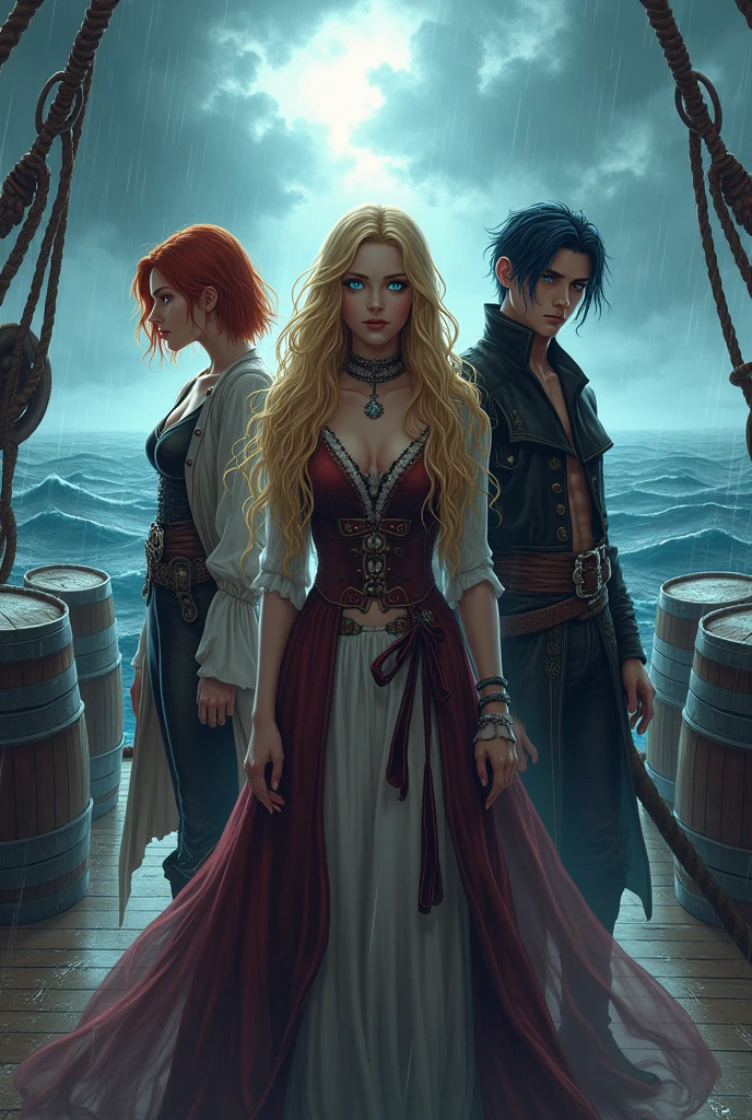 **Prompt:**
on the deck of a pirate ship, **Apocalypse** is sitting on an imposing throne, with her long golden waves falling over her shoulders, your unique eyes, one deep lilac and the other cyan blue, transmitting an unshakable force. She wears elegant clothes, but practices, that highlight their authority and noble origin. **Cyrus Voss Grimhart** is standing beside her, looking at her possessively, with a cold and controlled expression, his icy blue eyes fixed on her. He wears dark, sophisticated clothes, transmitting power and dominance. **Vance Shadowbane** is sitting at the feet of Apocalypse, looking at the horizon with a pensive expression, her auburn hair blowing in the wind. He wears rustic pirate clothes., and his positioning at her feet demonstrates both loyalty and a deep bond. The rough sea in the background, with the ship rocking, complete dinner, reflecting the complexity of emotions and relationships between them.