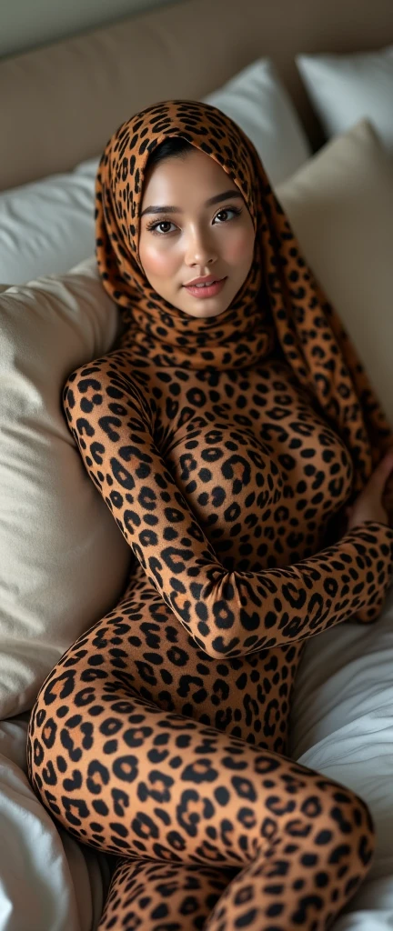 The most beautiful,thin,clever and most pretty Malaysian muslimah teenager girl wears leopard print lycra turtleneck unitard catsuit covered with spots.She always wear leopard print cotton dancewear stretchy square hijab covered with spots.She sits on the bed and reads a lot of newspapers.