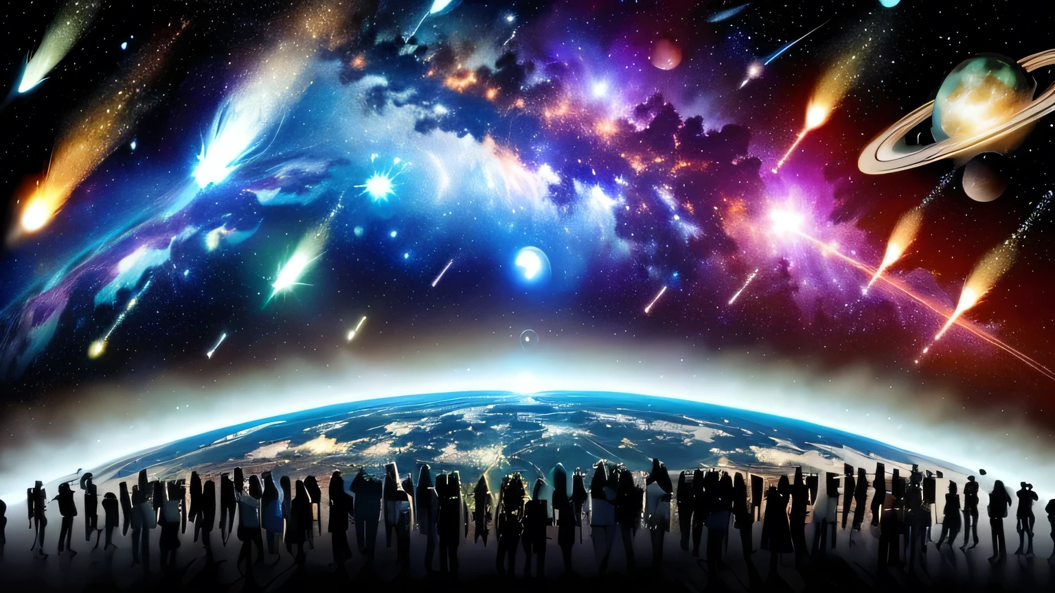 Image of a group of people in front of a planet, perseides meteor shower, meteors are falling from the sky, populated by aliens and people, invasion time on planet earth, end of the universe, falling meteors, humanity as a cosmic structure, meteors, aliens invading earth, the multiverse of war, meteor shower, end of world