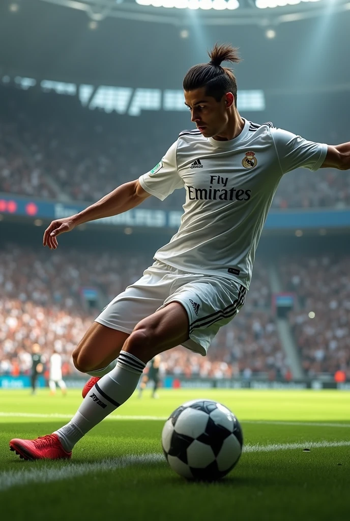 *Cristiano Ronaldo en Action** :
"Cristiano Ronaldo effectuant un tir puissant pendant un match de football, avec le ballon en pleine trajectoire. Son maillot est collé au corps, ses cheveux en bataille, et le stade plein de fans en arrière-plan. Mots clés : Cristiano Ronaldo, tir, match de football, concentration, passion."real madrid