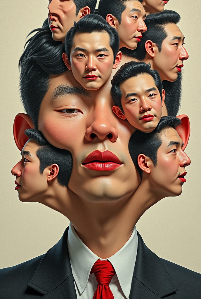 Expressionist artwork images of multiple floating heads of japanese men, 3d collage style, make it weird and gallery worthy