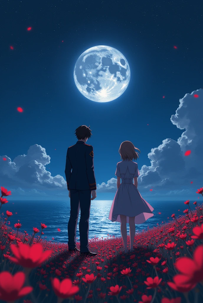 Two anime characters based on 86 anime, wearing military gala uniform standing on a field of small red flowers looking up to the starry night sky with big moon, near a sea, shot from a far