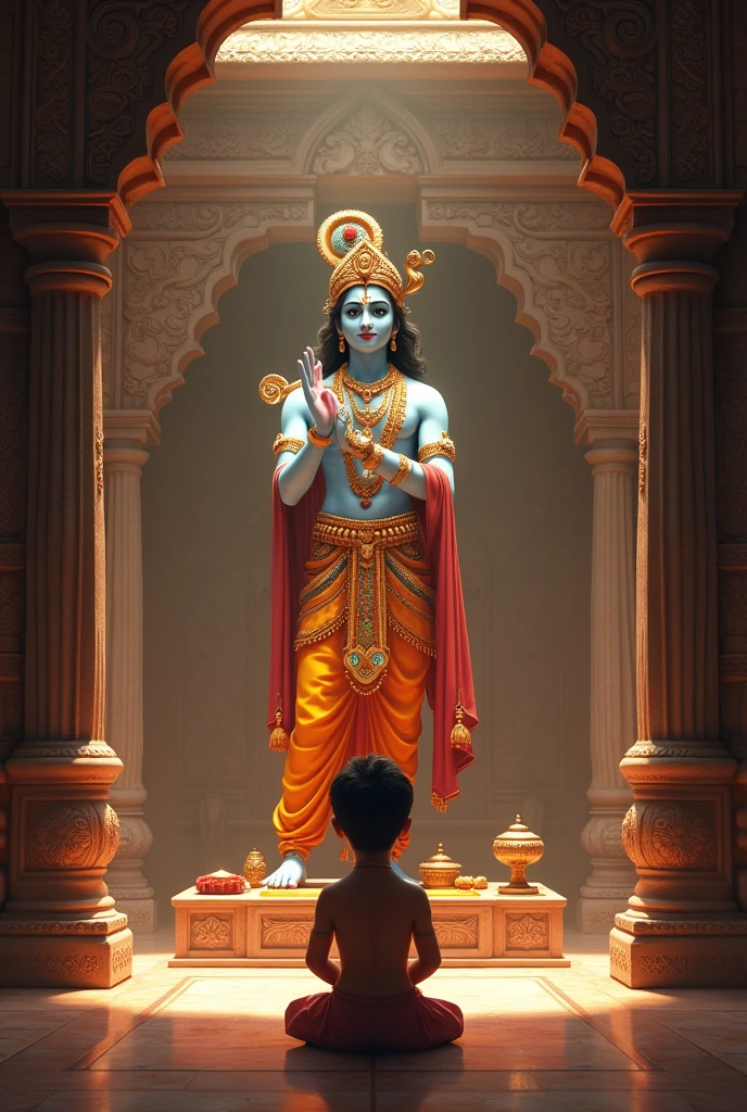 A boy are worship of godess krishn in temple