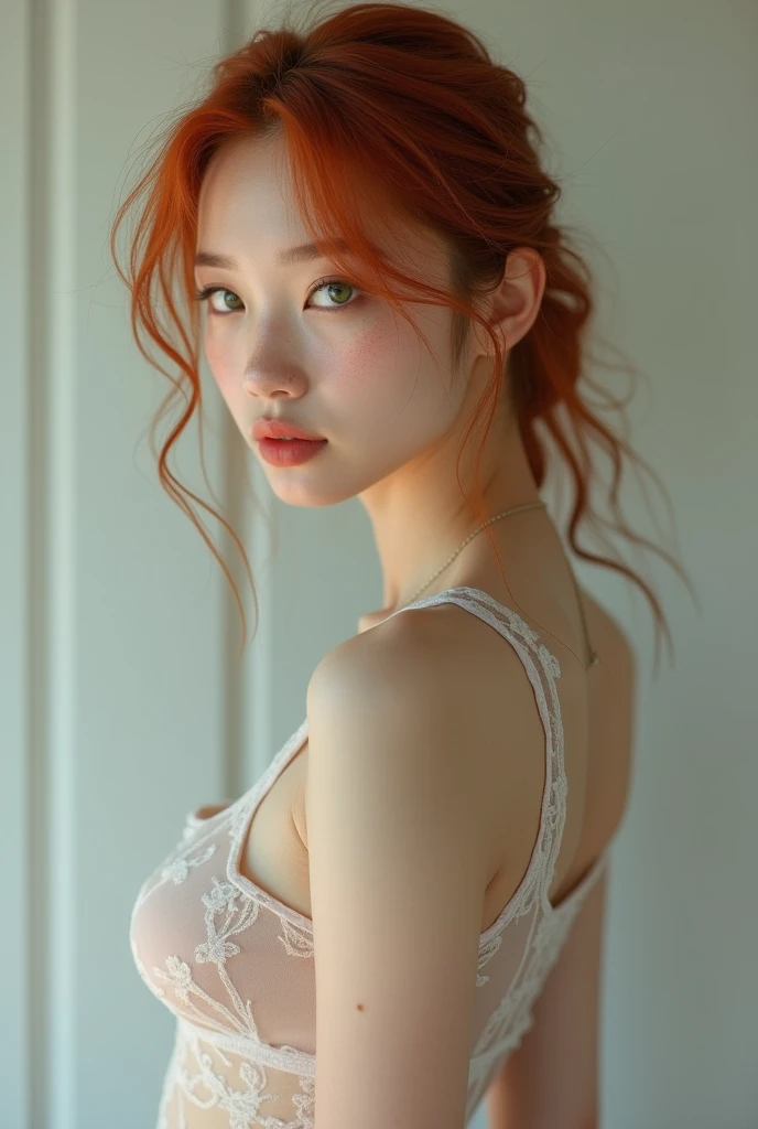 Young freckled redhead Asian woman with green eyes long eyelashes thin nose and graceful curves wearing transparent clothes full body  