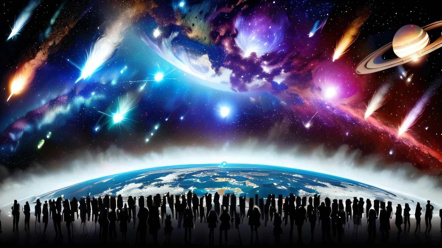 Image of a group of people in front of a planet, perseides meteor shower, meteors are falling from the sky, populated by aliens and people, invasion time on planet earth, end of the universe, falling meteors, humanity as a cosmic structure, meteors, aliens invading earth, the multiverse of war, meteor shower, end of world