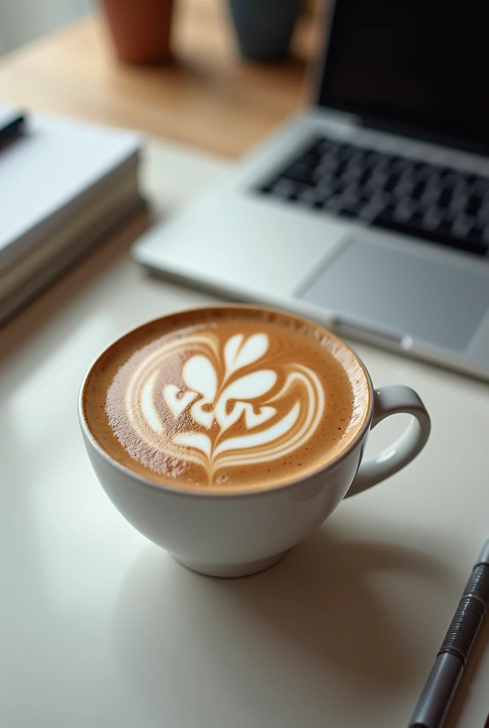 digital ilustration,A cappuccino sits in a simple, white cup on a modern office table. The table is tidy, with a laptop, some notebooks and a pen next to it. (note the size ratio) The centerpiece, however, is the cappuccino: the barista has artfully designed the milk foam so that the letters "vdw" can be seen clearly and precisely on it. The letters are embedded in slightly curved lines and stand out perfectly from the creamy milk foam. The overall look conveys an atmosphere of professionalism and care, with a touch of creativity. --chaos 100