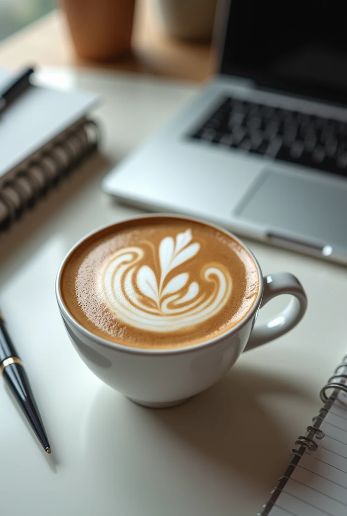 digital ilustration,A cappuccino sits in a simple, white cup on a modern office table. The table is tidy, with a laptop, some notebooks and a pen next to it. (note the size ratio) The centerpiece, however, is the cappuccino: the barista has artfully designed the milk foam so that the letters "vdw" can be seen clearly and precisely on it. The letters are embedded in slightly curved lines and stand out perfectly from the creamy milk foam. The overall look conveys an atmosphere of professionalism and care, with a touch of creativity. --chaos 100