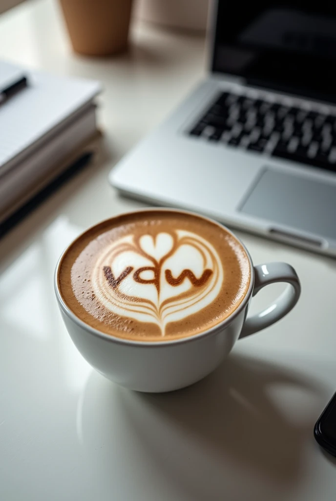 digital ilustration,A cappuccino sits in a simple, white cup on a modern office table. The table is tidy, with a laptop, some notebooks and a pen next to it. (note the size ratio) The centerpiece, however, is the cappuccino: the barista has artfully designed the milk foam so that the letters "vdw" can be seen clearly and precisely on it. The letters are embedded in slightly curved lines and stand out perfectly from the creamy milk foam. The overall look conveys an atmosphere of professionalism and care, with a touch of creativity. --chaos 100