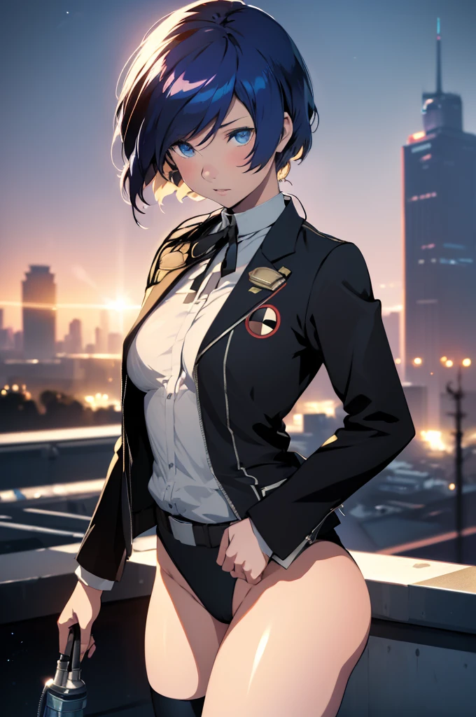 (Best quality, Ultra detailed, Golden ratio, Masterpiece:1.2), Theatrical lighting:0.7(ray tracing), 1 girl, Makoto Yuki from Persona 3, turned into a woman, posing, athletic body, small thighs, small breasts,perky breasts, heart-shaped ass, tight pussy(shiny skin)(detailed skin) (perfect hands), posing, sexual, attractive, lewd, orgasmic, blushing, very feminine, wearing a School uniform, thigh highs(perfect eyes), on a rooftop at night