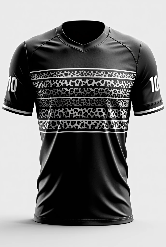 Create a black team jersey design with a horizontally shaded white leopard print and number 10 on the jersey sleeves
