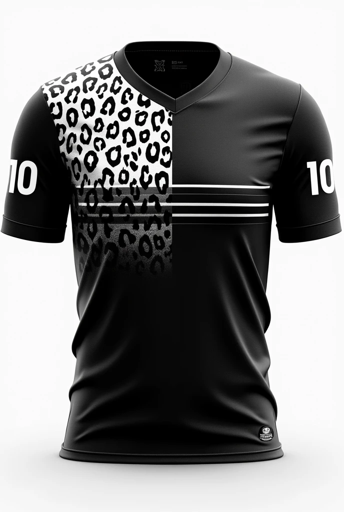 Create a black team jersey design with a horizontally shaded white leopard print and number 10 on the jersey sleeves