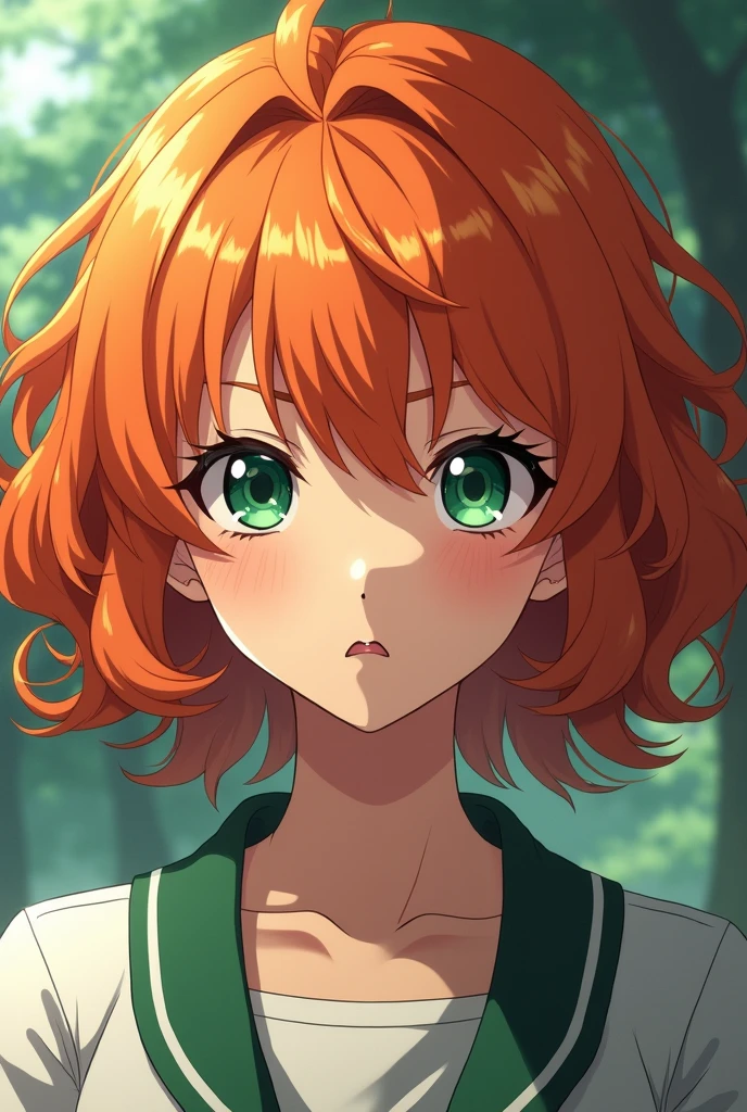 ,Young woman, orange hair, anime style kaiju #8 , curly hair hair cut mane, Whole body, green eyes
