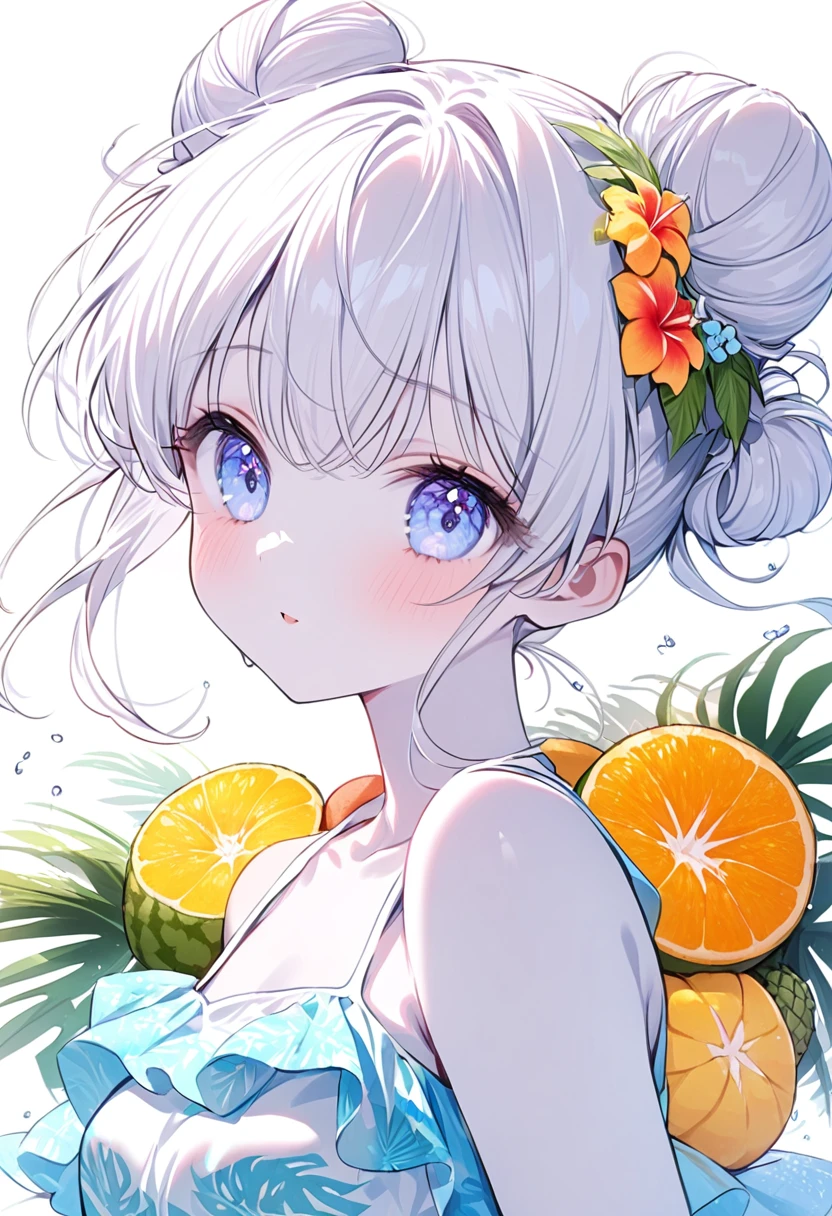 , cute girl, soft line, best quality, beautiful, 4K, woman, blissful, looking at viewer, bun hair, eyes open, pale skin, tall, dress, 20-year-old, white background, upper body, from front,image of tropical fruits,🍉🍊🍋,image of COOL Summer