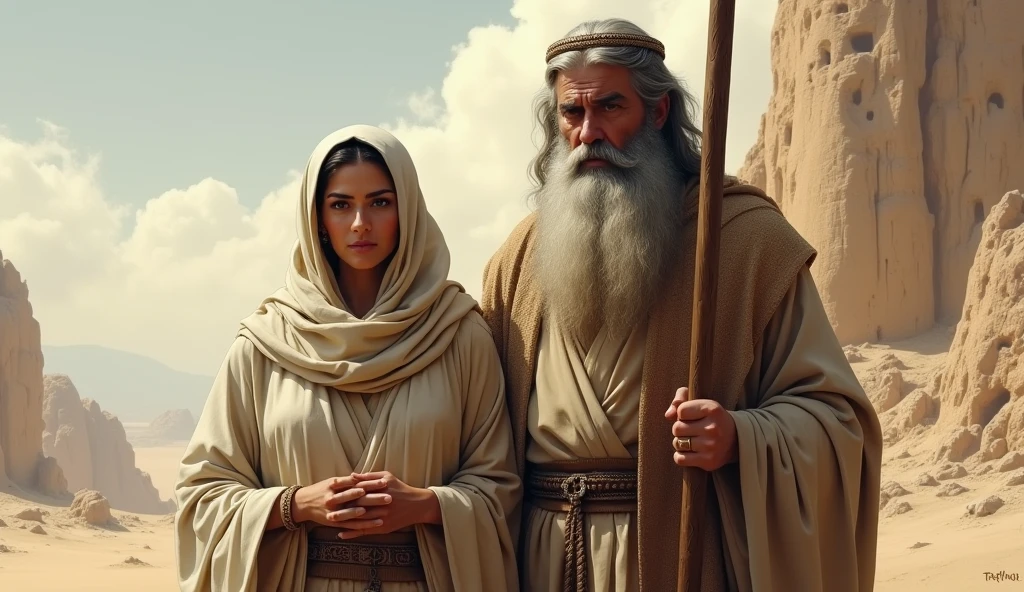 prophet man with a very big beard, and with a staff in his hand with his wife