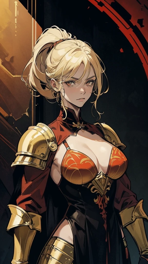 HeadBlast is an adult woman with a height of one eighty meters. She has long blonde hair. The armor he wears is red with a texture that imitates lava., and has yellow details. This armor includes a neckline that allows you to see your chest.. Inside the armor, He wears a black robe. His eyes are yellow. Make sure the image focuses solely on the character, not including other characters or additional elements.