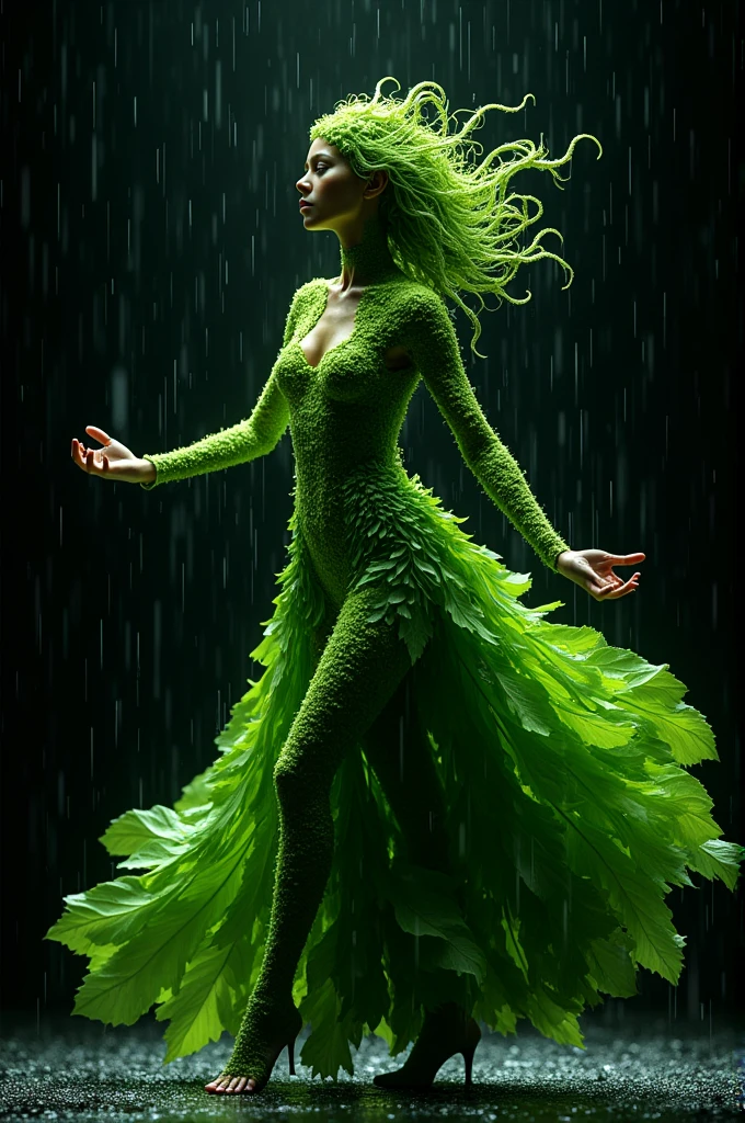 A woman made of
leaves. dancing in
the rain whose
background is Black