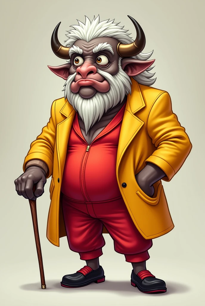 cartoon Bison dressed like WWE wrestling manager classy Freddie Blassie.
cartoon Bison head. Bison hands.
White hair. Old and fragile. Holding a cane. Red jogging suit with yellow overcoat.