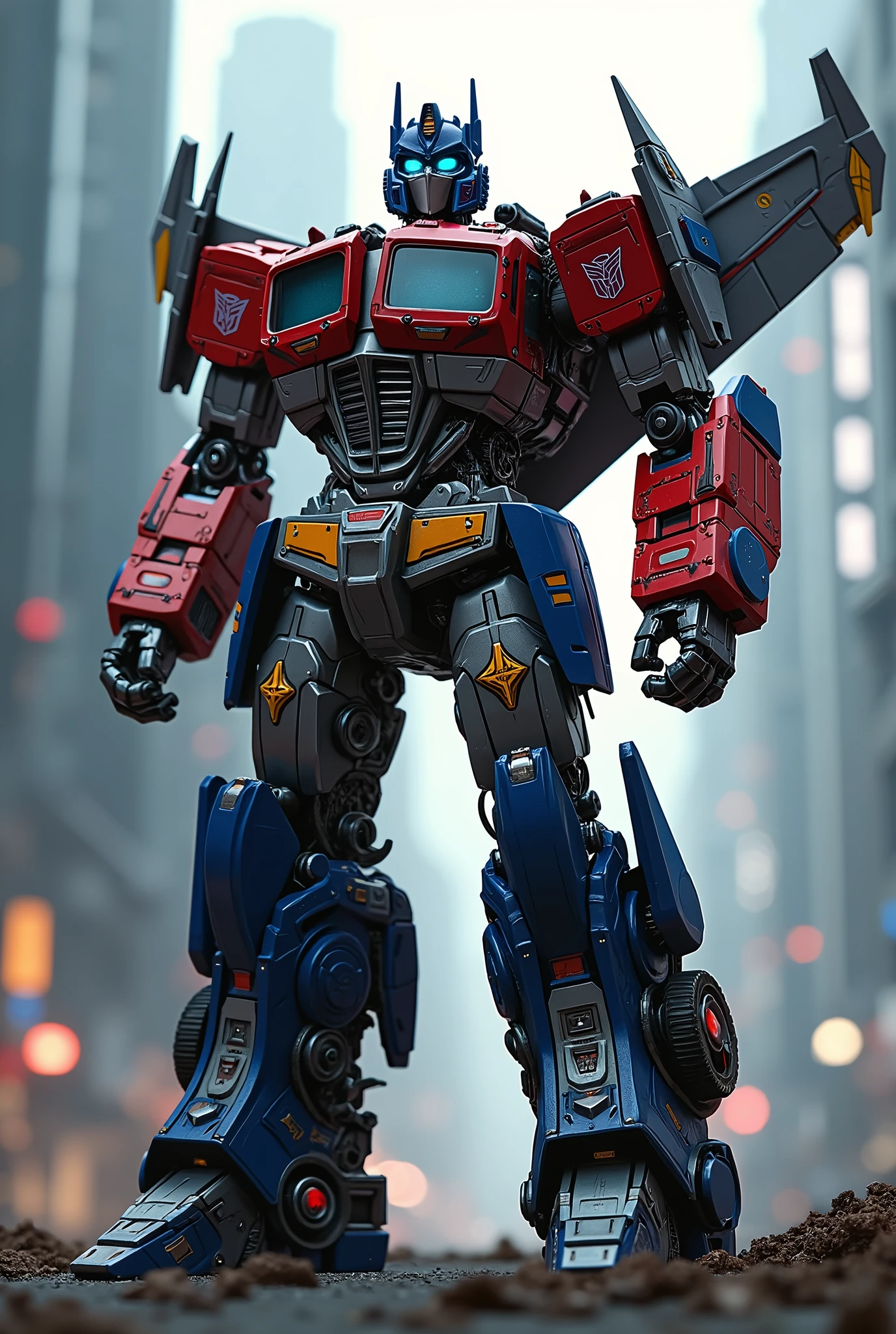 optimus prime, jet wings, transformers, mecha, cyborg, science fiction, futuristic, highly detailed, intricate machinery, glowing energy, metallic surfaces, dramatic lighting, cinematic composition, striking poses, epic scale, (best quality,4k,8k,highres,masterpiece:1.2),ultra-detailed,(realistic,photorealistic,photo-realistic:1.37)