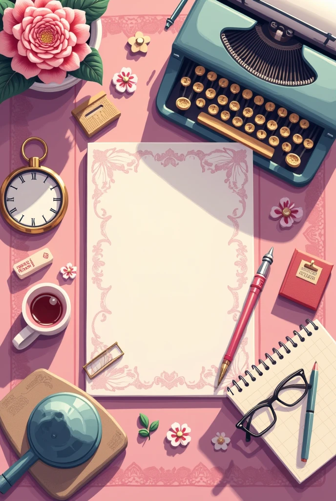 Top view table with detective aesthetics, pink and feminine style, pixelart