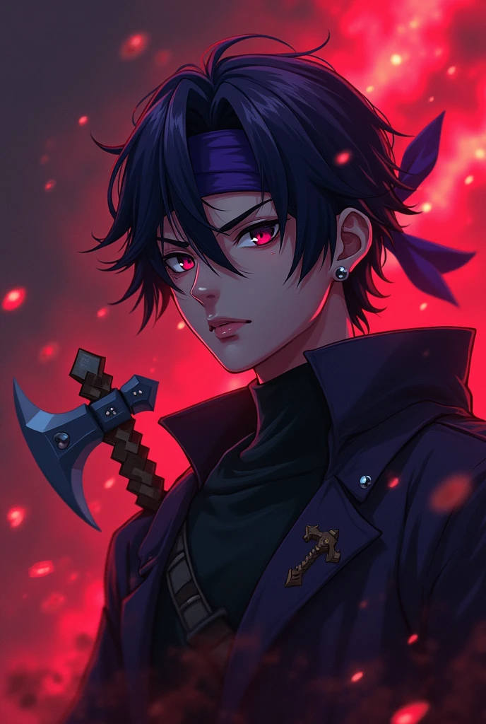 a young anime boy with purple headband, deadly aura, hyperrealistic, detailed face, beautiful eyes, striking expression, dark clothing, mysterious background, cinematic lighting, dramatic shadows, digital painting, concept art style, vibrant colors, moody atmosphere, fantasy theme. age must be like 25 and there must be a minecraft diamond axe in the back also make the background theme red . charecter must not be realistic where is the axe. axe must be visible. it must be aminecraft axe. the diamond minecraft must be visible. make the axe look its on his hand but a little.make it in a minecraft theme. also it should look like a youtube logo.