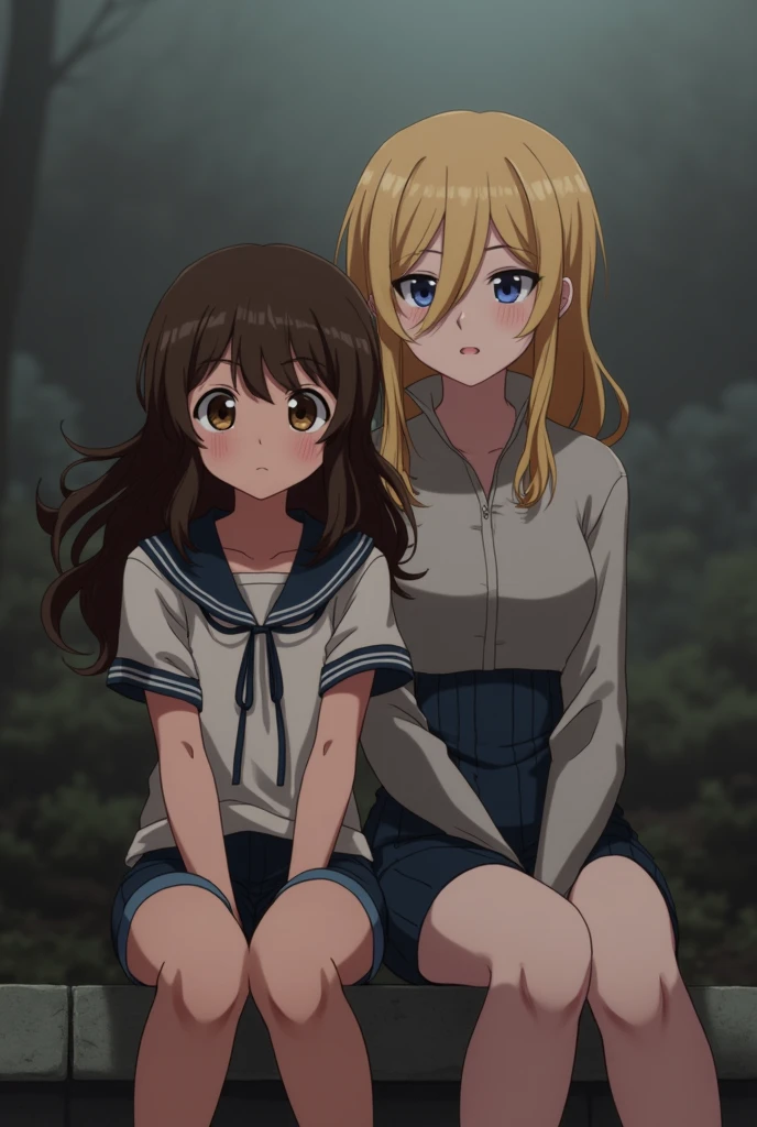 A girl from Boku no hero academia with long wavy hair with curls and brown eyes and dark skin sitting next to Himiko toga 