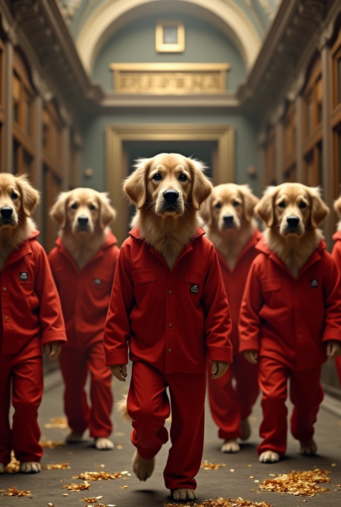 The house of paper series with seven golden retrievers