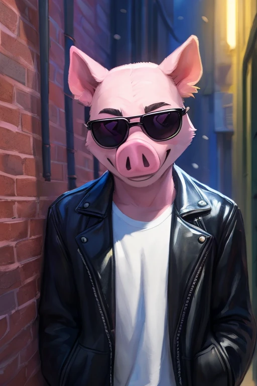 (((A anthropomorphic male pink pig with no hair wearing sunglasses with a black leather jacket in a alleyway 
 ))), big chest wearing clothing , day, , sensual, detailed, uploaded to e621, beautiful and detailed portrait of an anthropomorphic , (((male))) uploaded to e621, zaush, foxovh, movie lighting, thicc, alone, movie cover, detailed, 8k res, hires, detailed eyes, good anatomy, good perspective, towards viewer, by bebebebebe, by sicklyhypnos, by gerkk, by orf, nice hands, perfect hands, happy, romantic, ray tracing lighting, rtx on