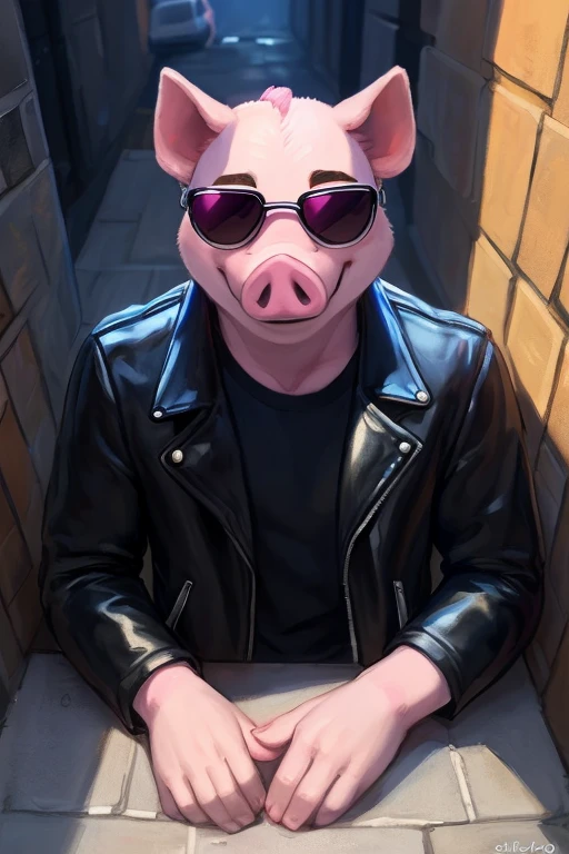 (((A anthropomorphic male pink pig with no hair wearing sunglasses with a black leather jacket in a alleyway 
 ))), big chest wearing clothing , day, , sensual, detailed, uploaded to e621, beautiful and detailed portrait of an anthropomorphic , (((male))) uploaded to e621, zaush, foxovh, movie lighting, thicc, alone, movie cover, detailed, 8k res, hires, detailed eyes, good anatomy, good perspective, towards viewer, by bebebebebe, by sicklyhypnos, by gerkk, by orf, nice hands, perfect hands, happy, romantic, ray tracing lighting, rtx on