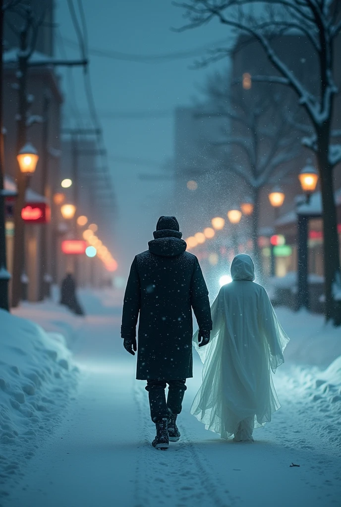 A man walking through the streets of Korea on a snowy night and next to him a spirit of a man