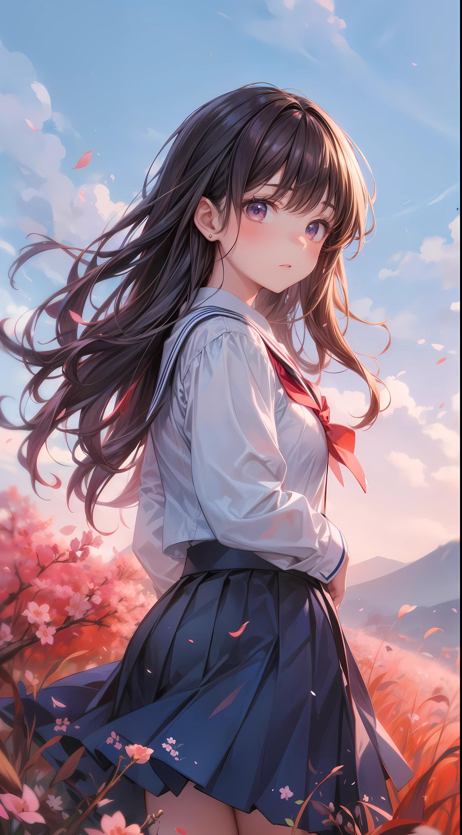 A breathtakingly beautiful digital illustration featuring a high school girl as the central character. She is wearing a traditional Japanese school uniform with a navy blue blazer, pleated skirt, and a red ribbon tie. The girl has long, flowing hair that gently sways in the wind, and she is standing on a hilltop at dusk. The sky behind her is a gradient of deep blues and purples with stars just beginning to appear. Soft, warm light from the setting sun casts a gentle glow on her, making her appear almost ethereal. The atmosphere is serene, with a subtle breeze moving through the grass, and cherry blossom petals gently floating in the air.,mksks,OuterWorldAI,hime cut, blunted bangs, straight hair, hime style