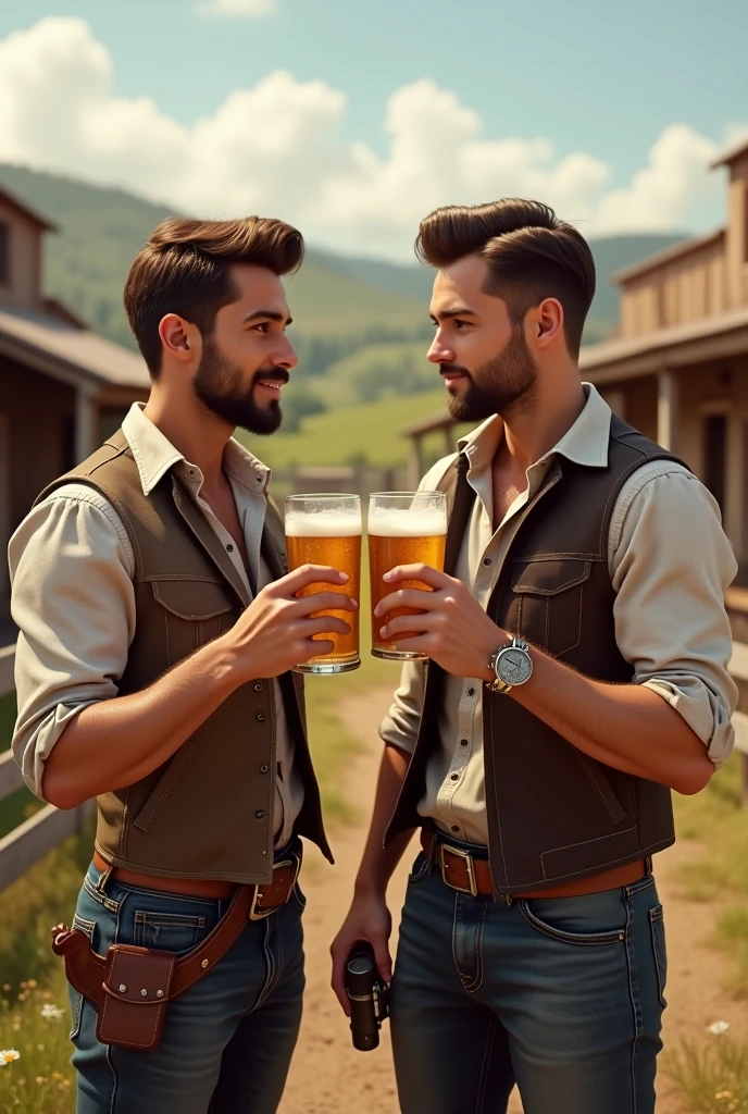 Young cute handsome beautiful 2 without beard drinking beer with a handsome man 3 on a cowboy farm
