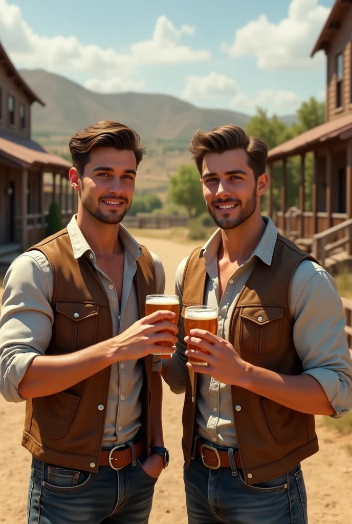 Young cute handsome beautiful 2 without beard drinking beer with a handsome man 3 on a cowboy farm