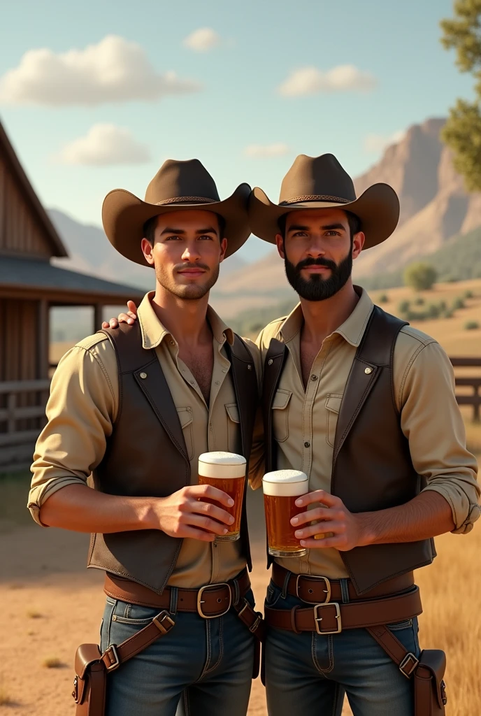 Young cute handsome beautiful 2 without beard drinking beer with a handsome man 3 on a cowboy farm