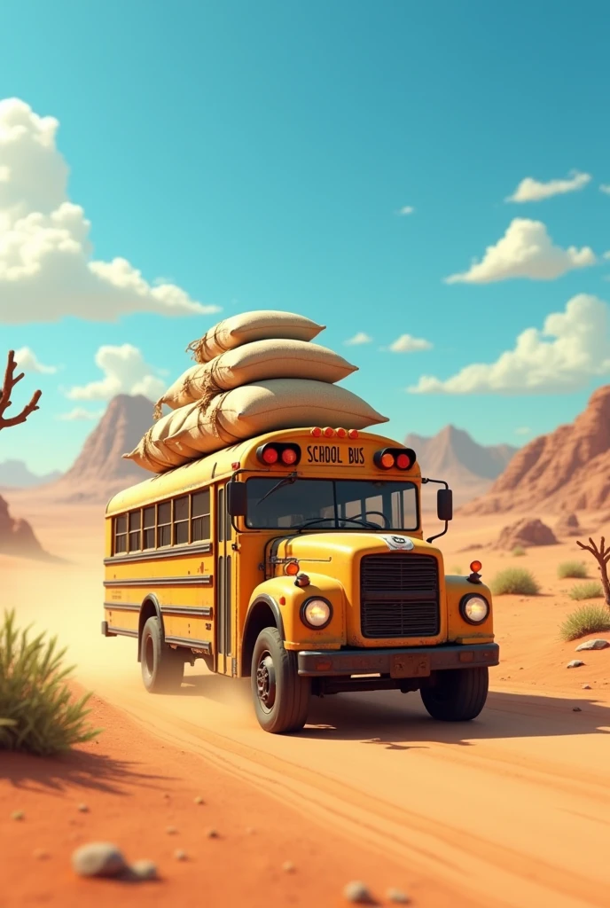 An old bus driving in the desert with trees around it carrying sacks of rice, 3D animation, Disney pixer