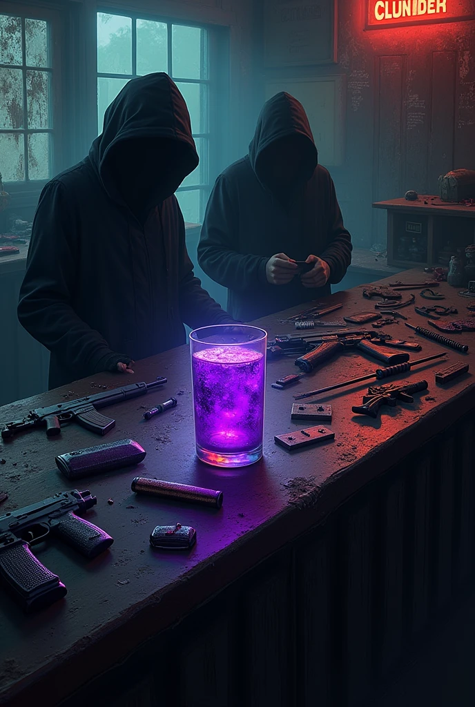 a store counter with weapons, drugs, a glass of purple drink, and various trapp items