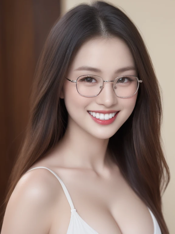 (realistic、masterpiece、Best Quality、8K、highres、high resolution:1.3)、1 glasses girl、 Huge breasts、smile, white bikini、pale white skin、looking at viewers、super fine face and eyes、long blonde hair、indoor、 upper body、