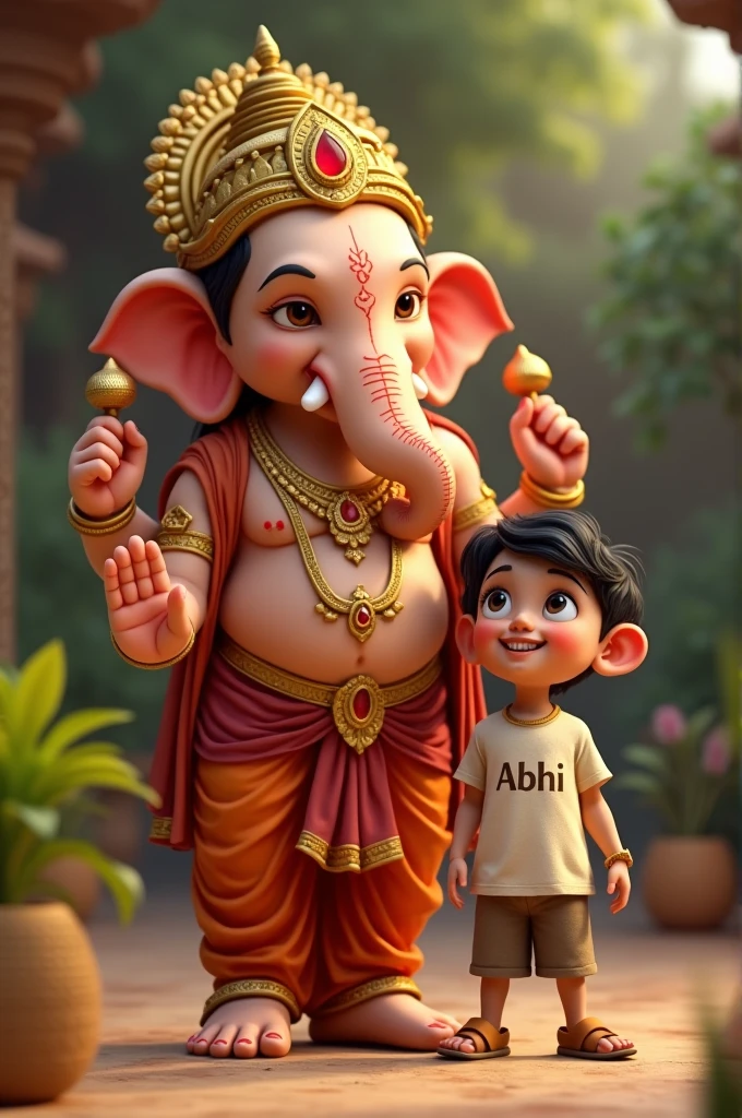 boy ,standing with ganesha
boy t shirt name abhi