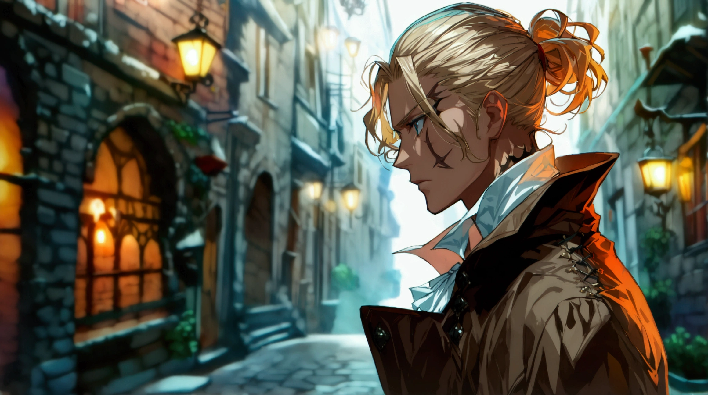 European man,blond hair tied back,serious look,scar on neck and chest,brown coat,white blouse,dark European alley background,((Intricate anime character design inspired by Paranormal Order)),((Stunning lighting)),((Fine lines)),((Stunning focus)),((Centered character)),((Stunning face)),((Detailed focus)),((Detailed background)),((Ultra-fine 2D design)),((Creative backdrop)),((2D masterpiece)),((Best quality)),((8K anime style)),((Full body))