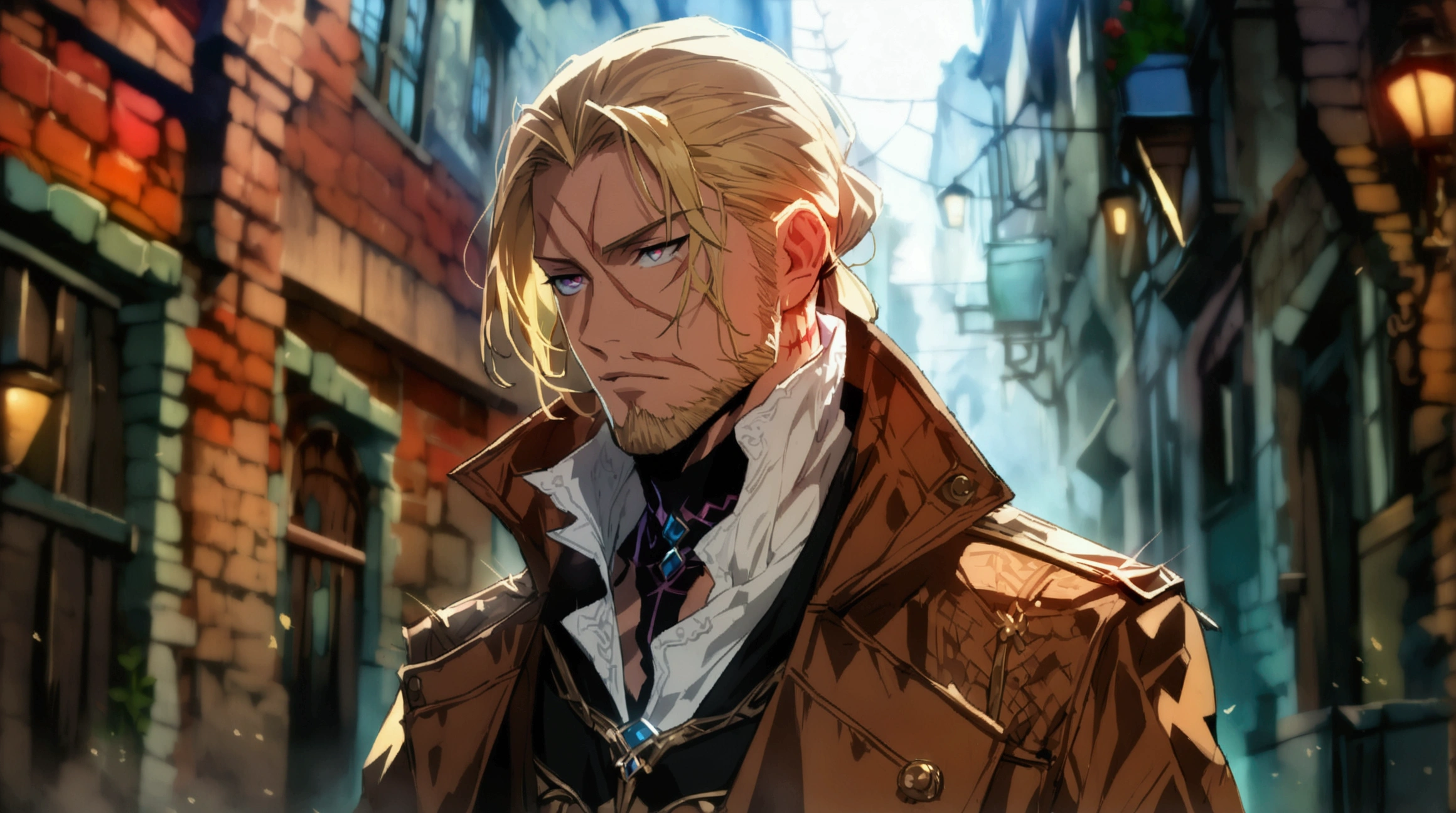 European man,blond hair tied back,serious look,scar on neck and chest,brown coat,white blouse,dark European alley background,((Intricate anime character design inspired by Paranormal Order)),((Stunning lighting)),((Fine lines)),((Stunning focus)),((Centered character)),((Stunning face)),((Detailed focus)),((Detailed background)),((Ultra-fine 2D design)),((Creative backdrop)),((2D masterpiece)),((Best quality)),((8K anime style)),((Full body))