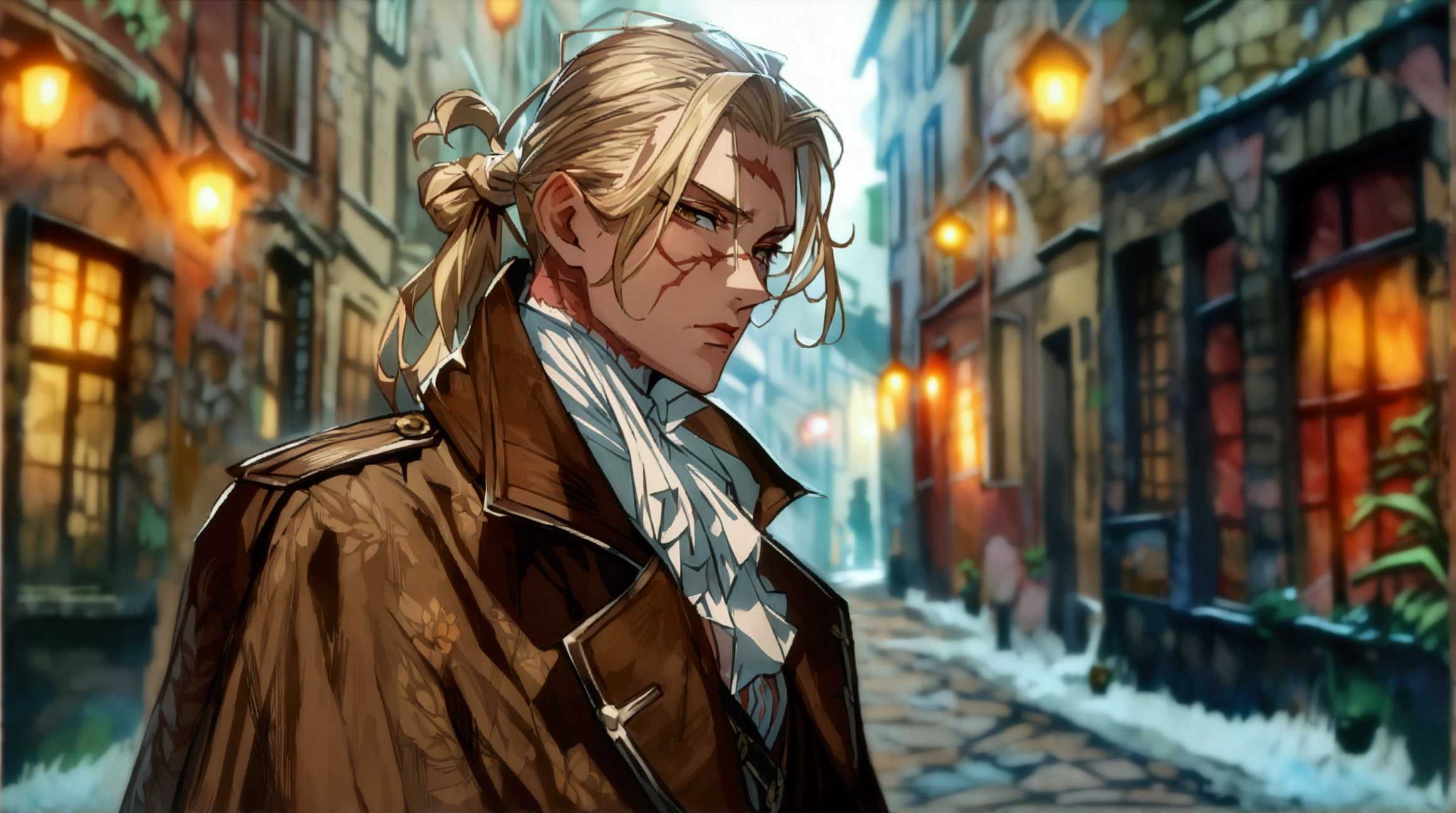 European man,blond hair tied back,serious look,scar on neck and chest,brown coat,white blouse,dark European alley background,((Intricate anime character design inspired by Paranormal Order)),((Stunning lighting)),((Fine lines)),((Stunning focus)),((Centered character)),((Stunning face)),((Detailed focus)),((Detailed background)),((Ultra-fine 2D design)),((Creative backdrop)),((2D masterpiece)),((Best quality)),((8K anime style)),((Full body))