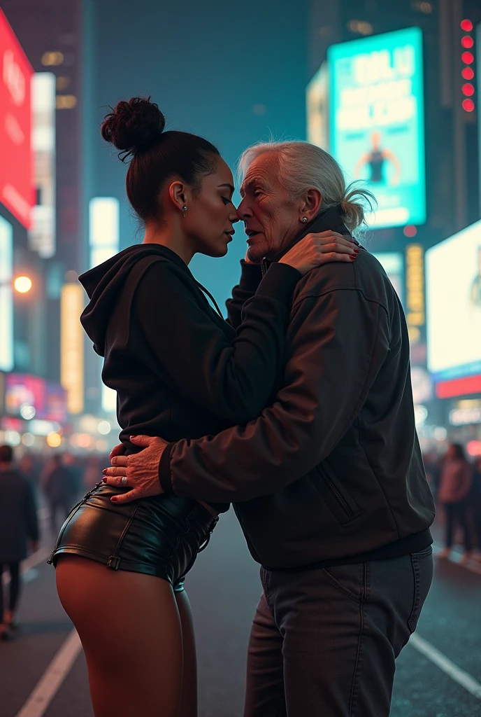 black woman hair in a bun black hoodie black leather short shorts bent over and old woman humping her bump time square new york city