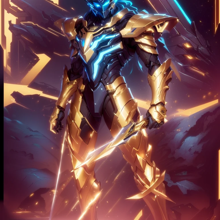 There is a man in a suit with a sword in his hand., cyber fighting armor, shining armor e elegante, intricate and shining mecha armor, cybernetic armor, gold paladin, the golden cat knight in armor, golden armour, cyber suit, gold obsidian armor, epic paladin armor, high quality warframe fanart, heavy gold obsidian armor, shining armor